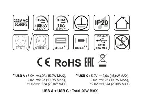Design Light výklopná zásuvka BOX 2x 230V a 2x USB A/C nabíječka s 3m kabelem černá