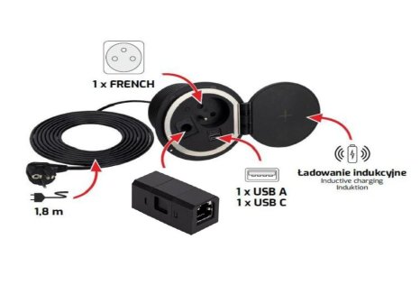 Design Light SAMBO BOX zápustná zásuvka 1 x 230V, 2 x USB + 1 x RJ45,indukce, černá