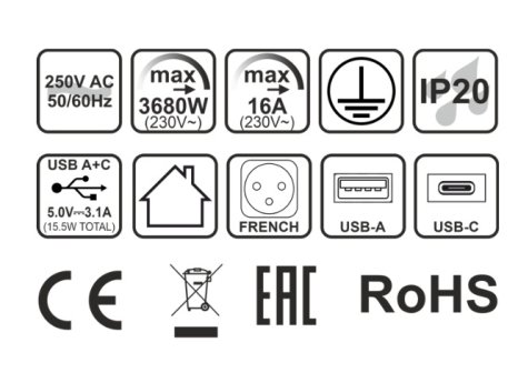 Design Light zásuvka elektro stolová výsuvná věž 60mm- 3x zásuvka+2xUSB A/C černá