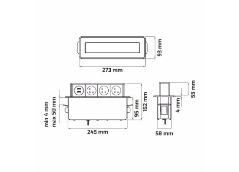 Design Light HOPBOX výsuvná zásuvka 3 x 230V a 2 x USB nerez broušená + kabel 2 m