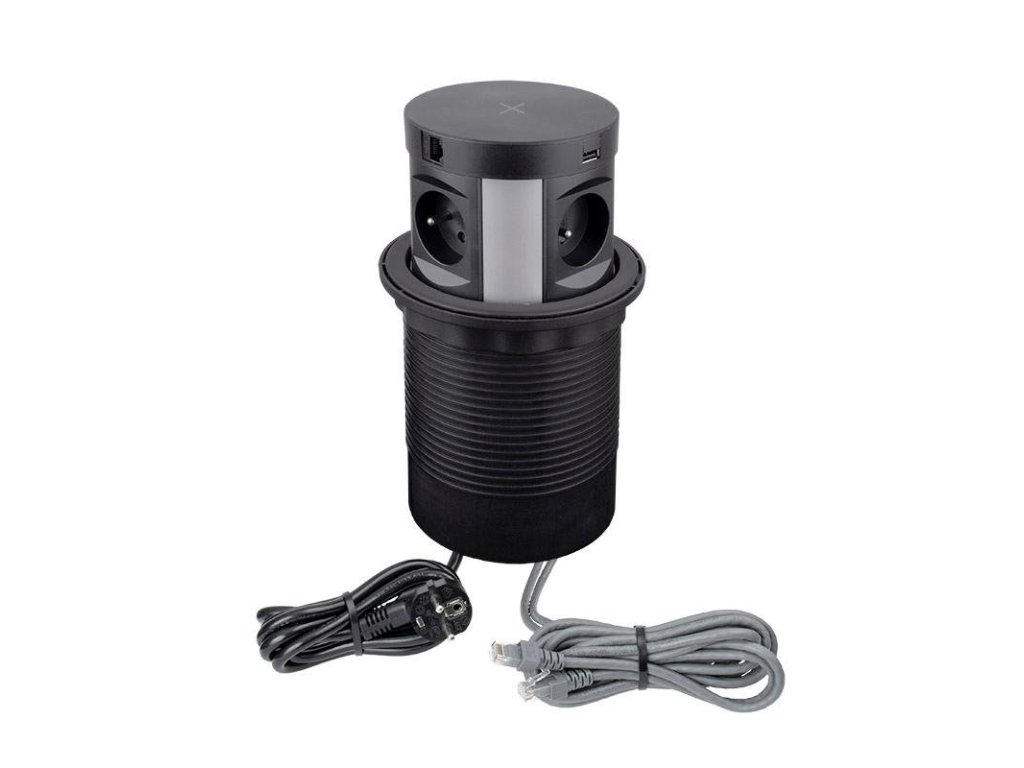 Design Light MULTI BOX výsuvná zásuvka 4x230V, 2xUSB A/C+ 2x RJ45,indukce,černá