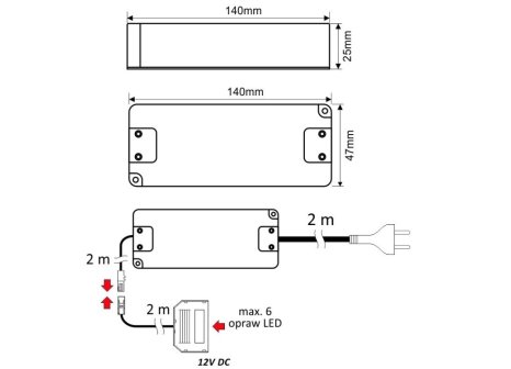 LED napáječ 12V 54W s rozvaděčem, 6 světel