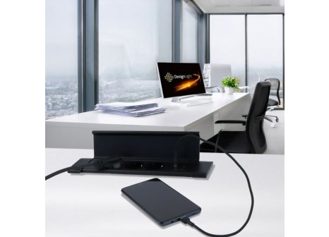 Design Light otevírací zásuvka FLATBOX 3x 230V a 2x USB A/C nabíječka černá