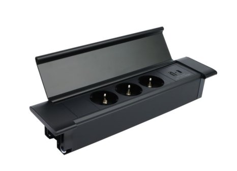 Design Light otevírací zásuvka FLATBOX 3x 230V a 2x USB A/C nabíječka černá