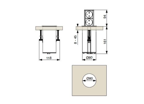 RIEX výsuvná zásuvka 2x230V černá matná/nerezová ocel