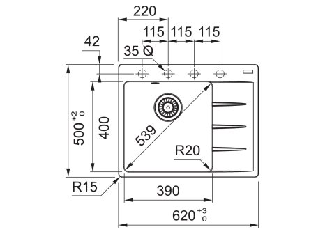 Franke set CNG 611-62 TL/2 odkap vpravo + FC 6018